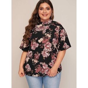 NWOT Shein Black pink floral print top 1X bohemian romantic rose peony plus size